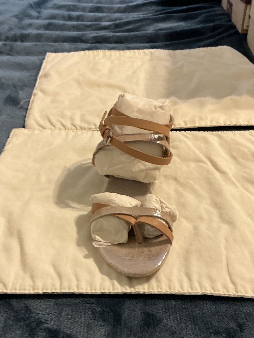 Arianne Tan Strappy Metallic Footbed Mid-Heel Sandals